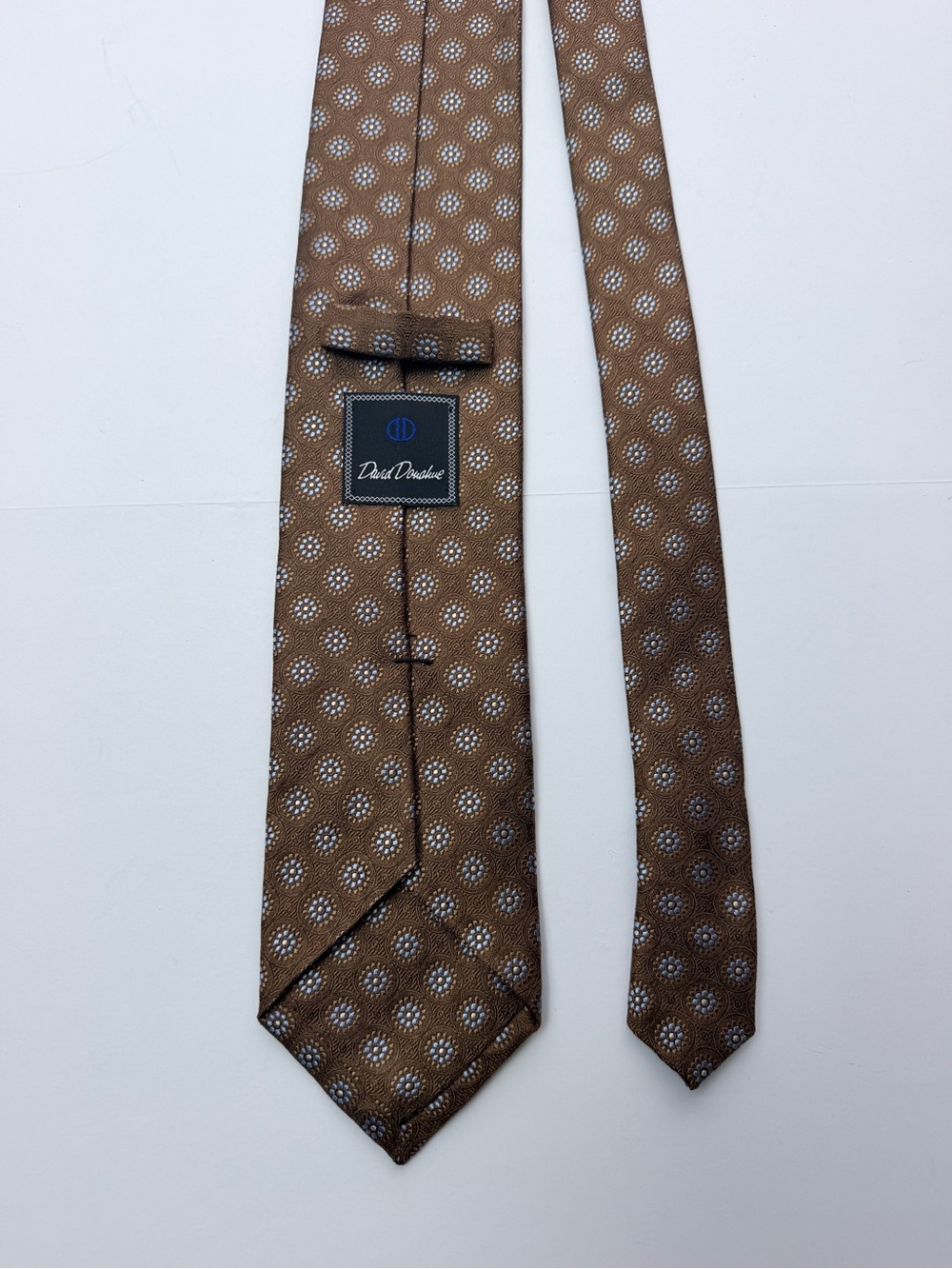David Donahue Men’s Tie Brown Blue Geometric Floral Woven Necktie 58” Classic